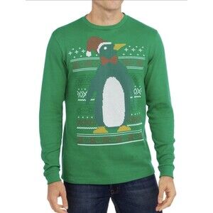 MEN'S CHRISTMAS HOLIDAY THERMAL SHIRT-GREEN PENGUIN DESIGN M